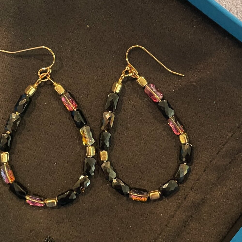 10K Over 925 Black Spinel & Amethyst Beaded Oblong Hoop Earrings - Brand New